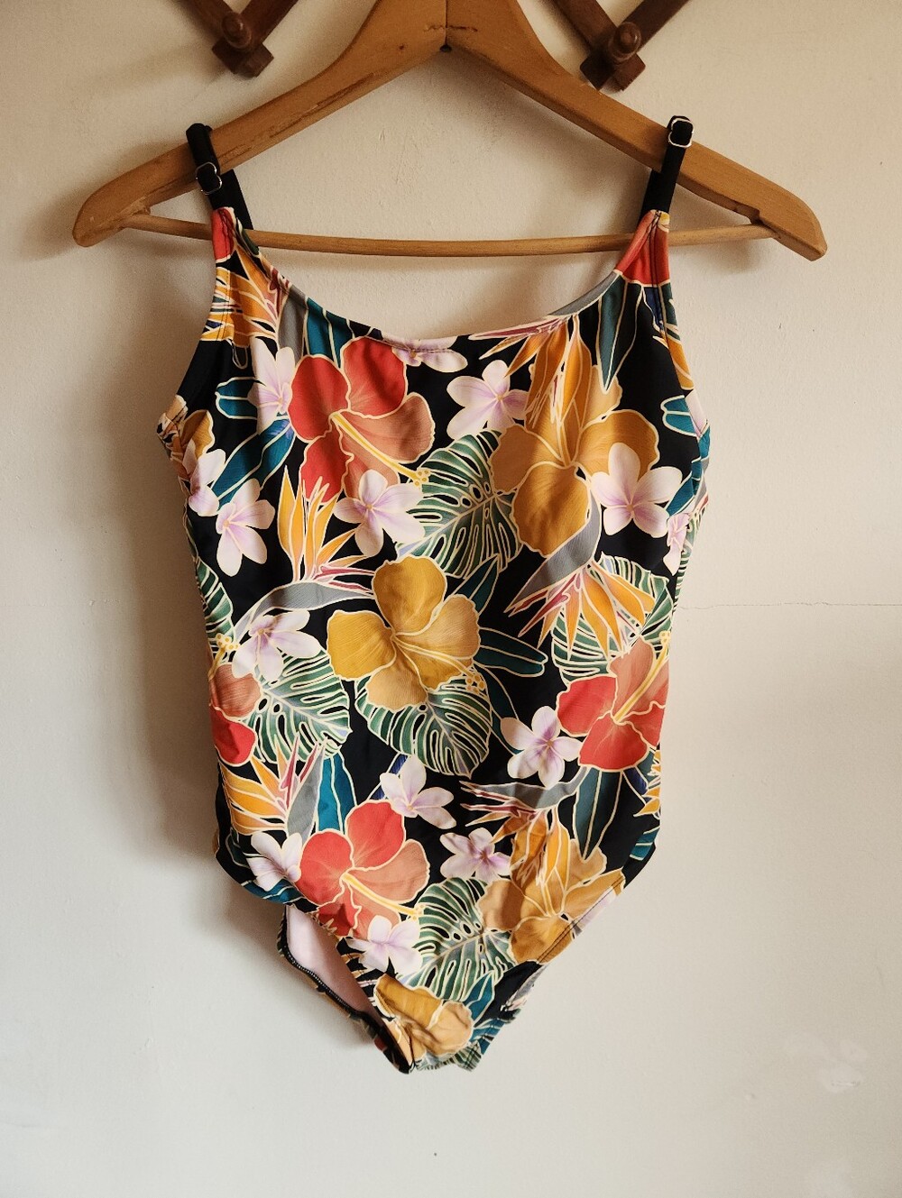 Hurley Floral One-Piece Swimsuit Black Multicolor Tropical Print Open Back Large